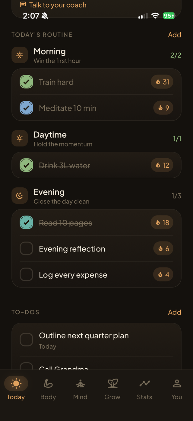 The Forge home screen with the day's routine and to-dos.