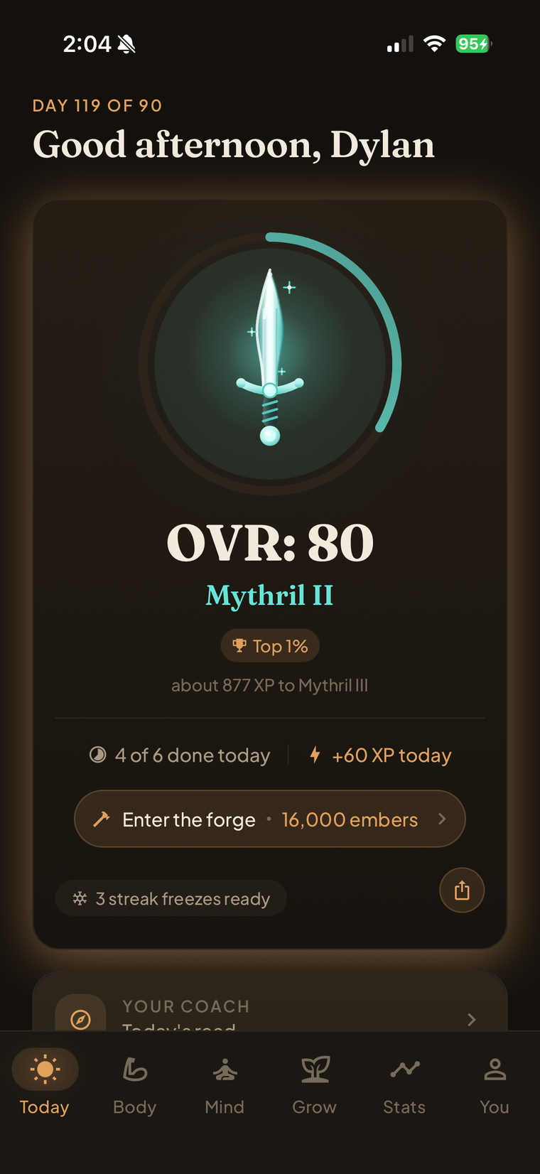 The Forge home screen: overall rating 80, Mythril II rank, and the day's habits.